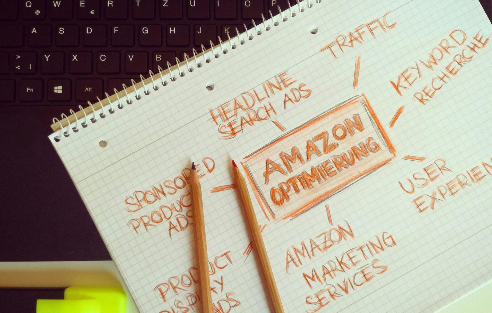 Home Visual representation of Amazon optimization techniques with handwritten notes and pencils.